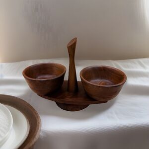 Vintage Kustom Kraft Solid Walnut Dip Set - MCM Snack Server USA